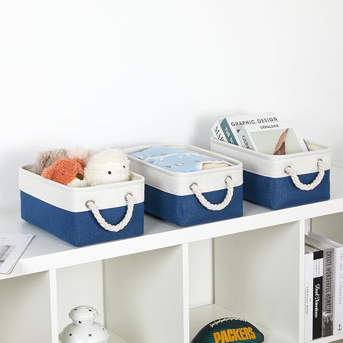 Bidtakay Small Storage Baskets for Shelves 3 Pack Fabric Storage Bins for Organizing Linen Collapsible Organizer for Closet-White&Blue