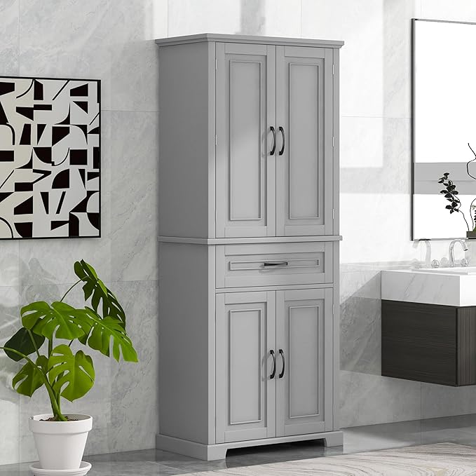 72.2" Tall Storage Cabinet with 4 Doors and Drawer, Freestanding Linen Cabinet, Wooden Pantry with Adjustable Shelf for Kitchen, Bathroom, Living Room, Grey
