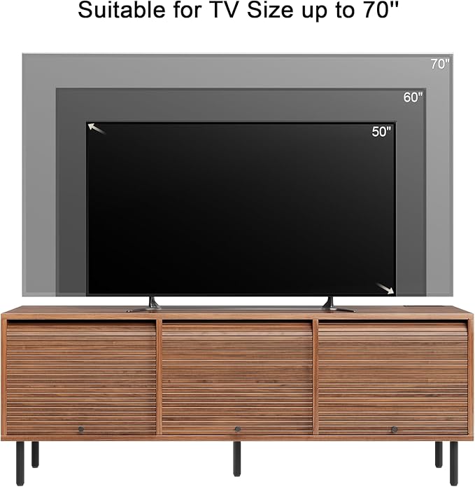 59 Inch TV Stand with Power Outlet for TVs up to 65 Inch, Entertainment Center with Storage, Mid-Century Modern TV Console, Adjustable Shelf & Sliding Doors, TV Stand for Living Room, Bedroom, Walnut