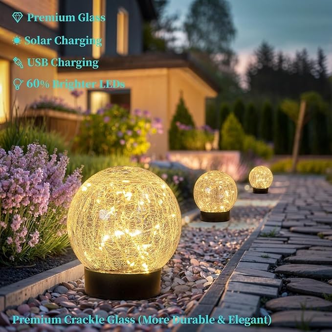 Beautyard Solar Globe Lights Outdoor Large Garden Decor USB Charged 4.72" Diameter 40LED 1000mAh Solar Lights Cracked Glass Globe Power Yard Patio Garden (4.72'' Large 2 Pack Warm White)