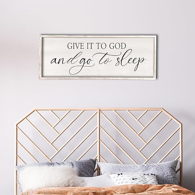 comurdyo Give It To God And Go to Sleep Sign 40''×15'' Master Bedroom Above Bed Wall Decor Wood Framed Couple Large Farmhouse Guest Room Rustic Simple Over Bedside Wall Art Hanging Decor (White)