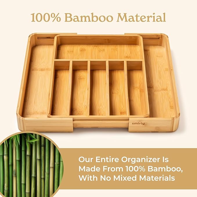 SMIRLY Silverware Drawer Organizer – Bamboo Kitchen Drawer Organizer, Adjustable Utensil Holder and Cutlery Tray, Drawer Dividers for Flatware and Kitchen Utensils