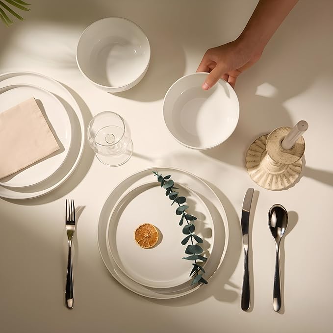 Ceramic Dinnerware Set, 12-Piece Service for 4, Soup Bowls (31.5 oz), Salad Plates (7.5"), Dinner Plates (10.5"), Round, Microwave and Dishwasher Safe, White, Cambridge Classics