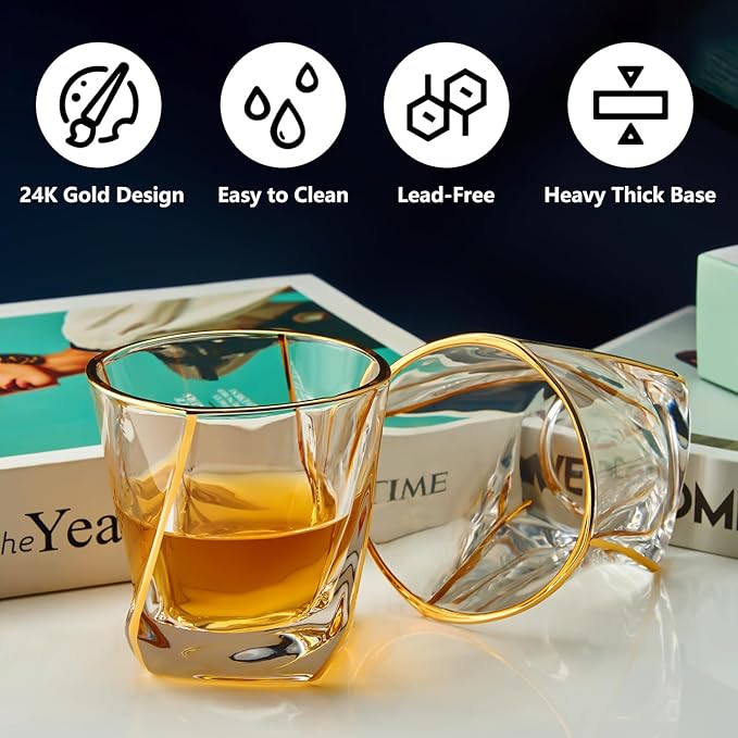 Crystal Whiskey Glasses Set of 2 with 24K Gold Rim,Bar Glasses,Twisted Whiskey Glass Gold Collection for Bourbon,Scotch and Wine,Rock Barware for Men Gift - 8oz