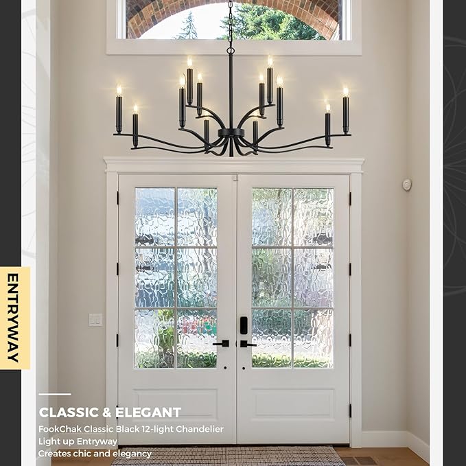 Black Living Room Chandelier 12 Light Hight Ceiling Foyer Candle Chandelier Large Dining Room Light Fixture Over Table 44in Metal Modern Chandeliers Hanging Light for Entry Master Bedroom