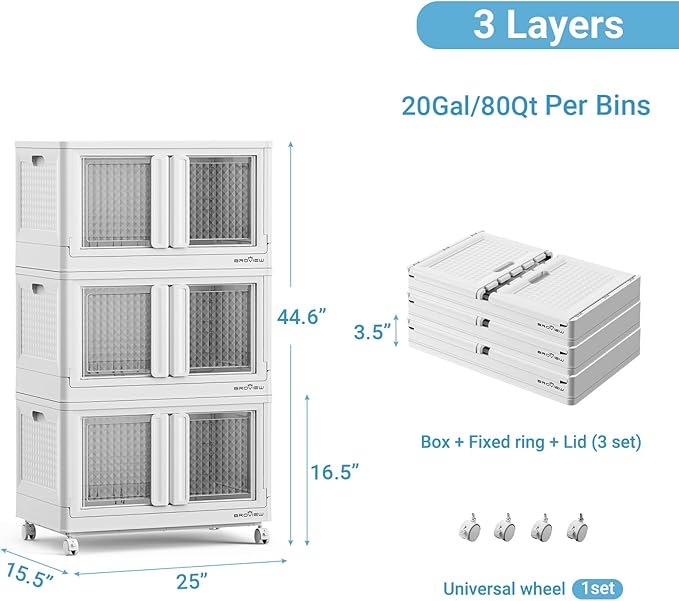 300Qt Stackable Storage Bins with Lids, 75Gal Closet Organizers and Storage Drawer, Plastic Collapsible Storage Bins with Doors, Heavy Duty Store Box Cabinet for Home Kitchen, 3Pack White