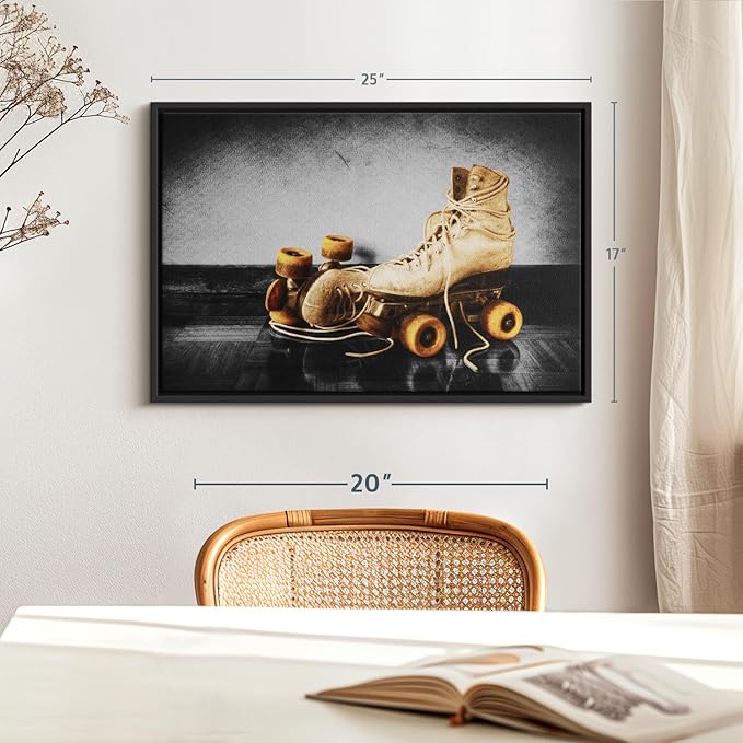 ElephantStock Vintage Skates Pop Wall Art - Horizontal Framed Canvas - 1-Piece Living Room Wall Decor - Sport Photography Canvas Print - Beige and Black Decor for Wall - 25" X 17"
