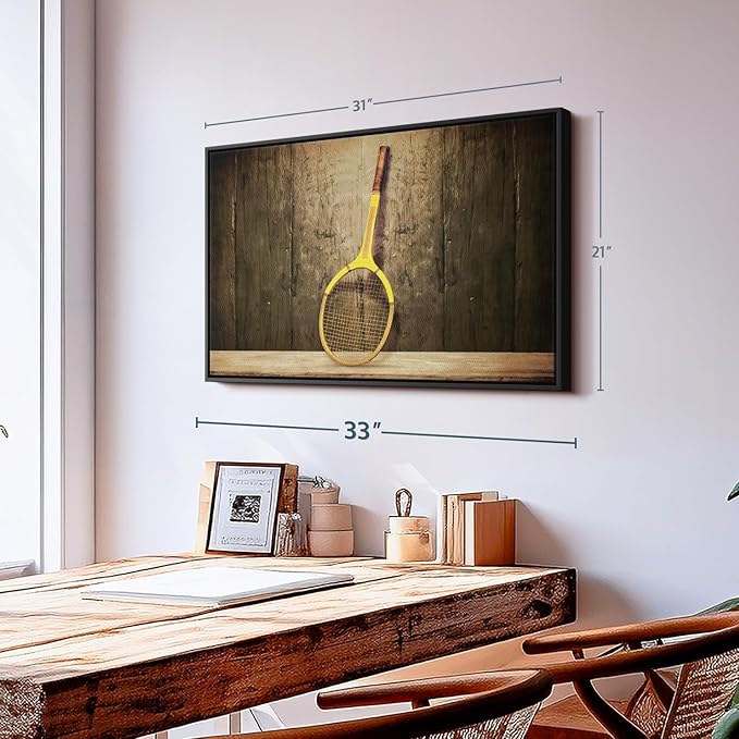 ElephantStock Vintage Tennis Racket Wall Art - Horizontal Framed Canvas - 1-Piece Living Room Wall Decor - Photography Sports Canvas Print - Brown and Black Decor for Wall - 31" X 21"
