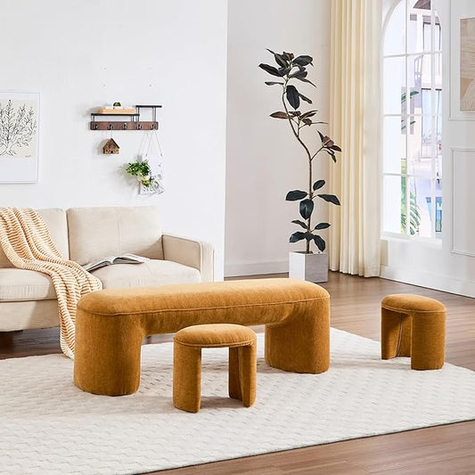 3-Piece 53" Comfy Upholstered Dining Bench with 2 Ottomans, Accent Waterfall Bench Modern End of Bed Entryway Bench Vanity Stool，Pumpkin Chenille