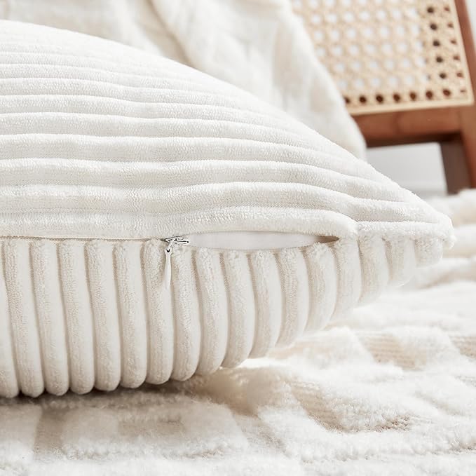 Fancy Homi 2 Packs Cream White Decorative Throw Pillow Covers 22x22 Inch for Living Room Couch Bed, Rustic Farmhouse Boho Home Decor, Soft Corss Corduroy Patchwork Accent Square Cushion Case 55x55 cm