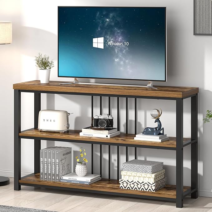 FOLUBAN Industrial Console Table, 3 Tier Entryway Table, Sofa Foyer Table for Living Room Hallway Behind Couch, Rustic Brown