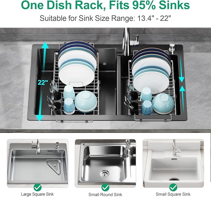 GSlife Expandable Sink Dish Drying Rack - Stainless Steel Capacity Adjustable Over The Sink Dish Rack (13.4''-20.4'') with Sink Mat and Utensil Holder, Silver