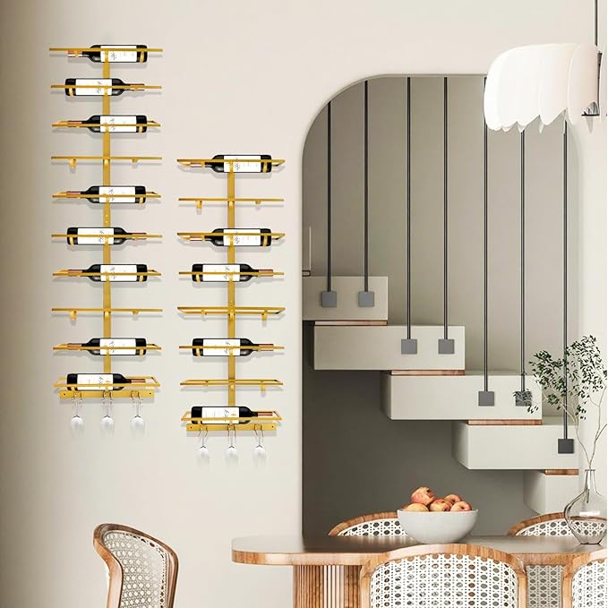 8 Bottle Wall Mount Wine Rack with Wine Glass Holder, Metal Wine Wall Rack, Wall Racks for Wine Bottles Display and Storage, Hanging Bottle Organizer for Living Dining Room Wine Cellar Bar (Gold)