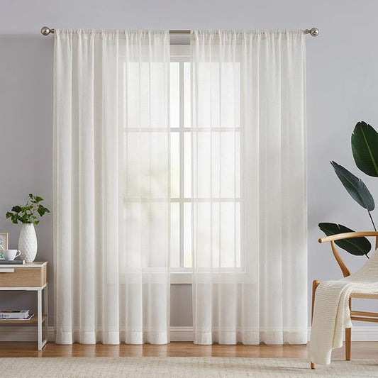 FMFUNCTEX Linen Sheer Curtains for Bedroom, Beige Curtains 72 inches Long for Living Room, Natural Flax Blend Window Draperies for Farmhouse Curtain, Rod Pocket 2 Panels