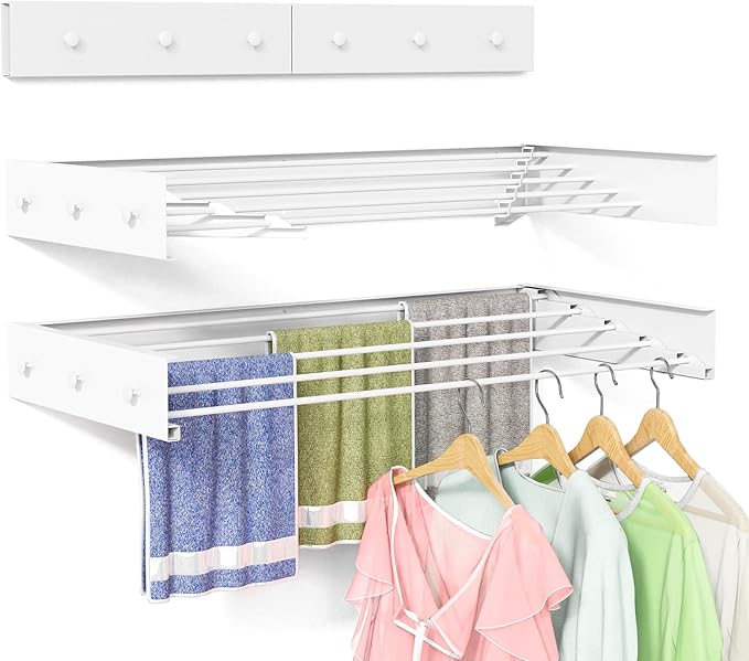 Wall Mounted Drying Rack for Laundry 31.5'', Folding Drying Rack Clothing Wall Mount with 5 Rods and 6 Hooks, Space Saving for Indoor Outdoor Bathroom Balcony (White, 31.5'')