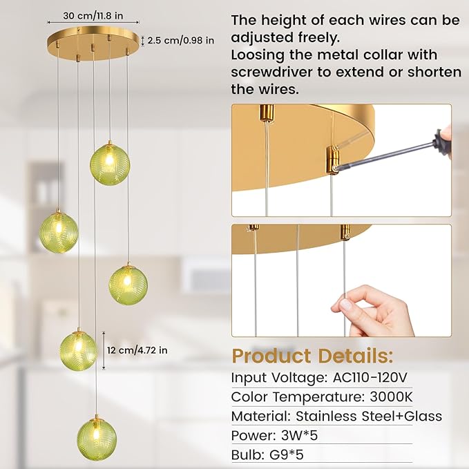 5-Light Chandelier, Globe Green Glass Flush Mount Pendant Light,15W Ceiling Hanging Light for Staircase Foyer Entryway Living Room Hotel Kitchen Island（3000K,G9 Bulbs Include）