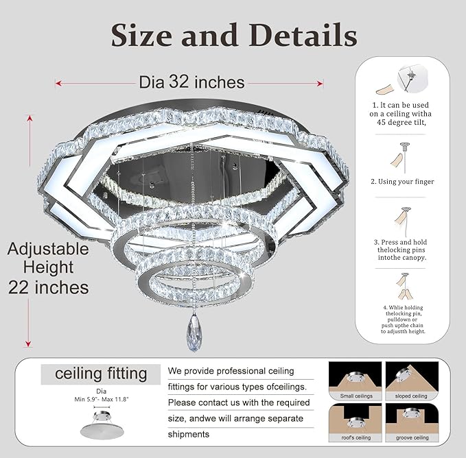 Flashing God Crystal Chandeliers Dia 32" Silver Elegant Chandelier Flush Mount Ceiling Light for Bedroom Living Room Dining Room Hallway Dimmable 3 Rings LED Celing Lighting Fixtures