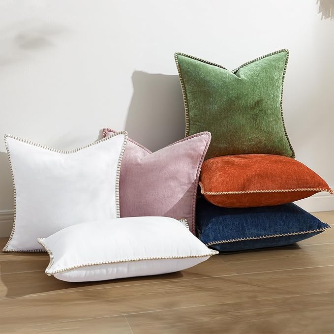 decorUhome Fall Chenille Soft Throw Pillow Covers 18x18 Set of 2, Farmhouse Velvet Neutral Decorative Euro Pillow Covers with Stitched Edge for Couch Sofa Bed Home Decor, Forest Elf