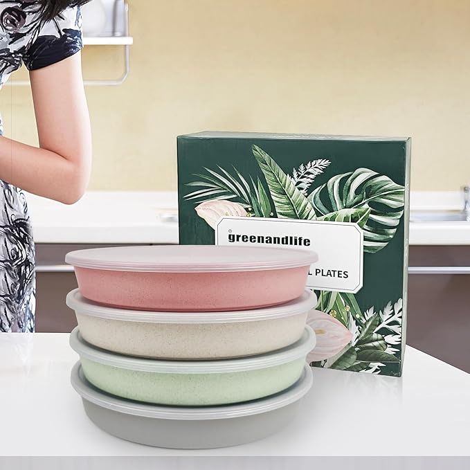 greenandlife 9 Inch 4PCS Divided Plates with Lids, Portion Control Plates for Kids Adults, Dishwasher Microwave Safe Compartment Plate, Unbreakable Lightweight Reusable Wheat Straw Plate Set, INS
