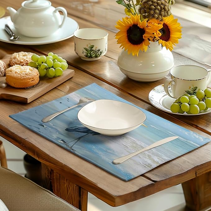 Blue Heron Placemats Set of 4 Summer Coastal Beach Pelican Placement Mats for Dining Table Nautical Ocean Bird Pattern Washable Non-Slip Heat-Resistant Linen Place Mats