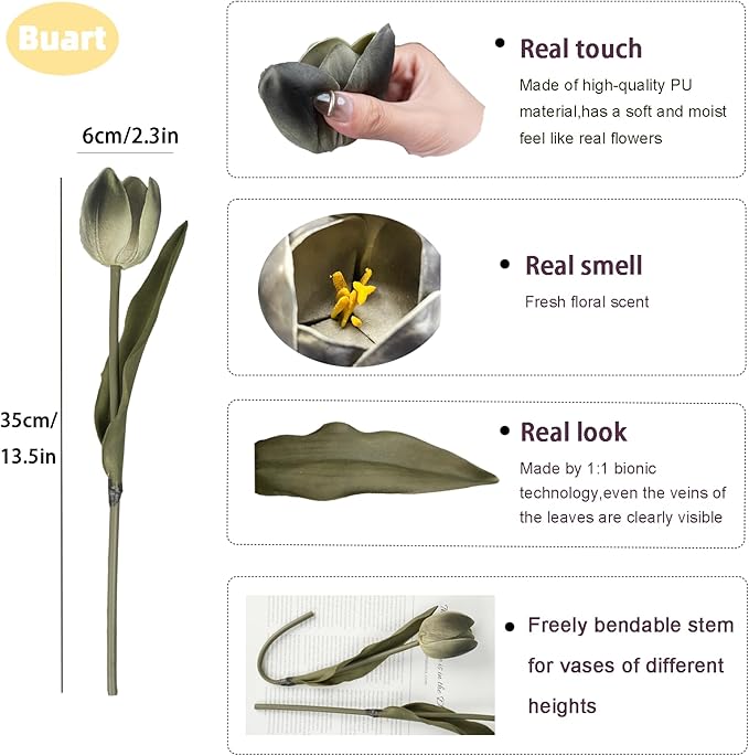 Buart Black-Coffee Flowers Artificial Luxury Big Tulip Valentine's Day Mother's Day Easter Home Kitchen Wedding Decorations(11pcs)