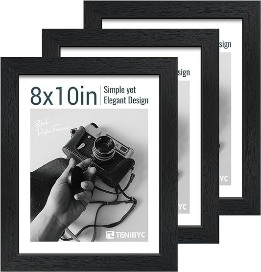 8x10 Picture Frame Set - 3 Pack, Textured Black Solid Wood, HD Tempered Glass, Gallery Photo Frame, Table or Wall Display