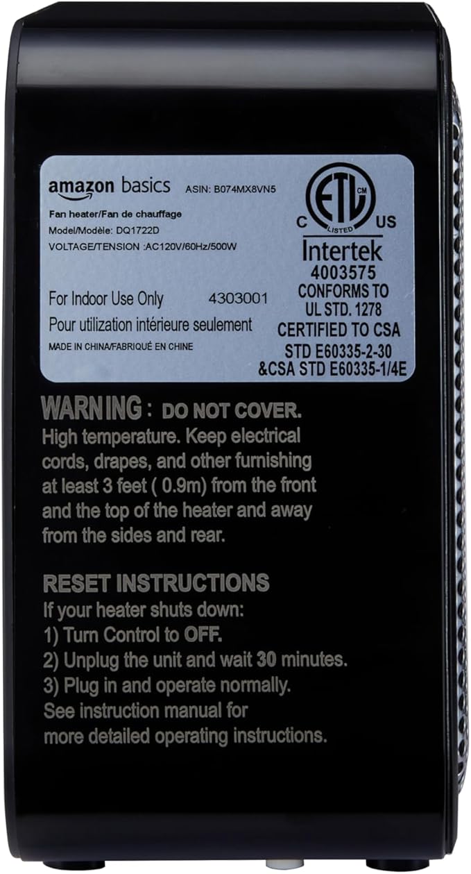 Amazon Basics Ceramic Space Heater, Mini Heater for Office Desk, Portable Tent Heater for Camping (Indoor Use), 500 W, With Tip-Over Protection, Lightweight (1.4 LBS), Black, 5.87”D x 3.15”W x 5.95”H