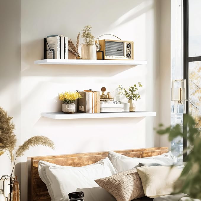Floating Wall Shelves 2-Pack - 36-Inch Rustic White Wooden Shelves for Storage and Décor, Easy Installation for Living Room, Bedroom, and Kitchen