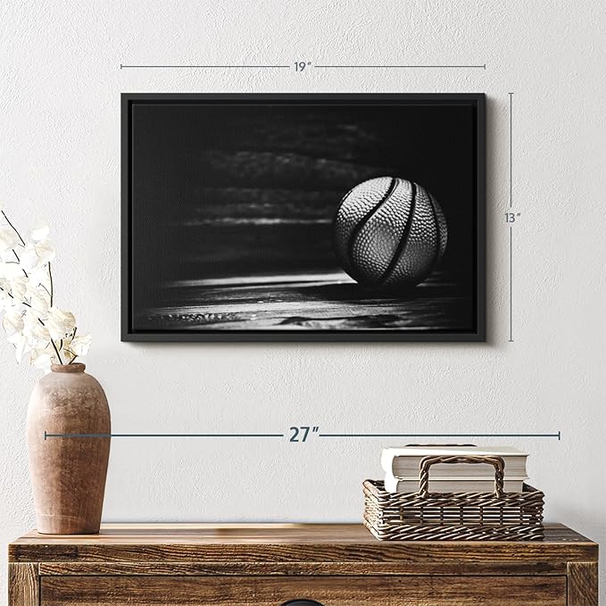 ElephantStock Basketball Wall Art - Horizontal Framed Canvas - 1-Piece Hallway Wall Decor - Photography sports Canvas Print - Black and Gray Decor for Wall - 19" X 13"