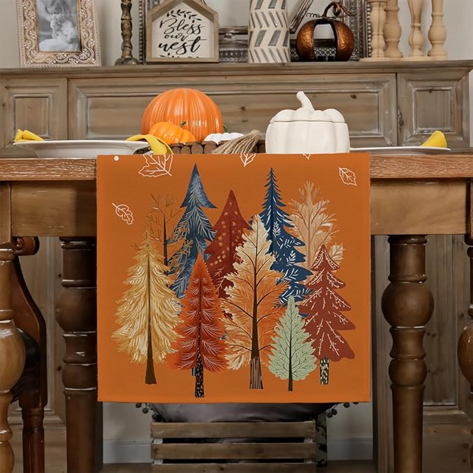 GEEORY Fall Watercolor Trees & Maple Leaves Table Runner 13x48 Inch, Rustic Farmhouse Autumn Thanksgiving Decor for Kitchen, Dining, Indoor/Outdoor Holiday Dinner Party Orange GT158-48