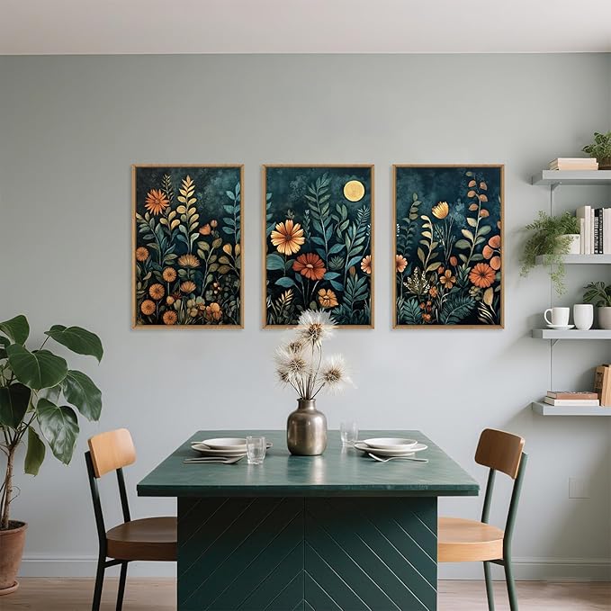 Celestdeco Vintage Dark Botanical Framed Canvas Wall Art Set, Colorful Floral Wall Decor, Nature Wildflower Wall Painting, Colorful Blossom Art Prints for Living Room, Bedroom, Office - 24"X36"X3