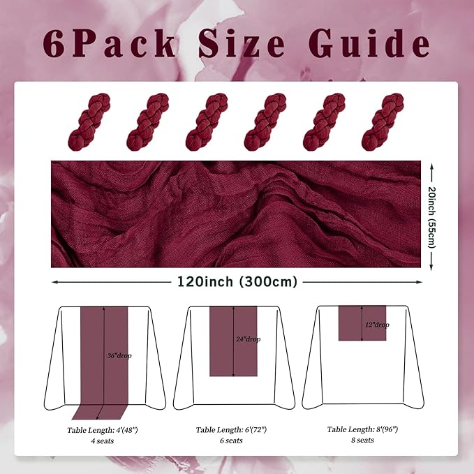 Burgundy 6 Pack Cheesecloth Table Runner 10FT Rustic Gauze Cheese Cloth Table Runner for Wedding Bridal Baby Shower Table Decor 20 x 120 Inch Long Boho Fabric Sheer Birthday Party Table Decorations