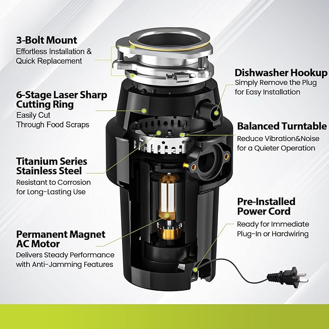 DC Garbage Disposal 3/4 HP Quiet (60dB) with Cord & Dishwasher Hookup for Kitchen Sink Food Waste, 6-Stage Grinding, 3-Bolt, 2700RPM, Continuous Feed, Titanium Stainless Steel, 10-Year Warranty