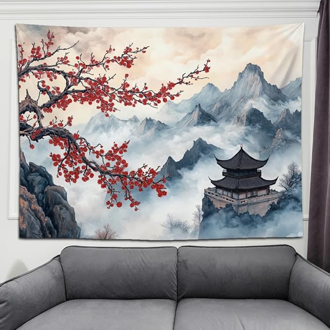 keowhsf Japanese Tapestry Aesthetic Wall Decor – Watercolor Ink Landscape with Red Plum Blossoms and Misty Mountains, Asian Art Hanging for Bedroom, Living Room, Dorm