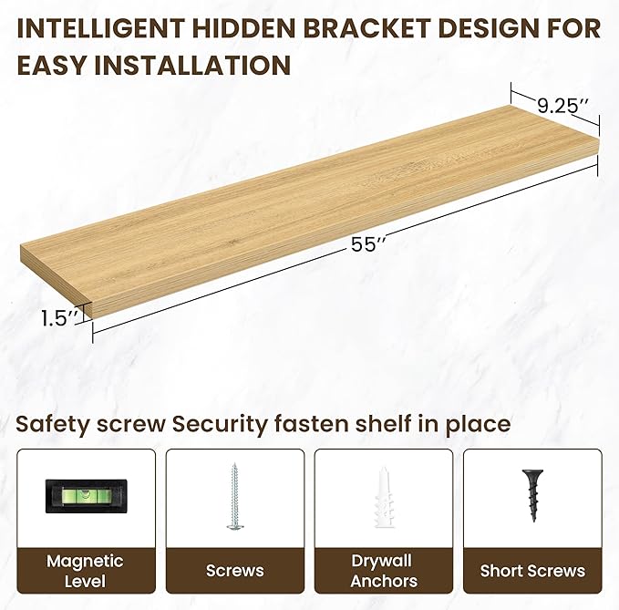 55 Inch Floating Shelves, 12 Inch Deep Floating Shelves for Wall, Floating Shelf with Invisible Brackets, Deep Shelves for Bathroom, Bedroom, Living Room, 1 Pack, Natural