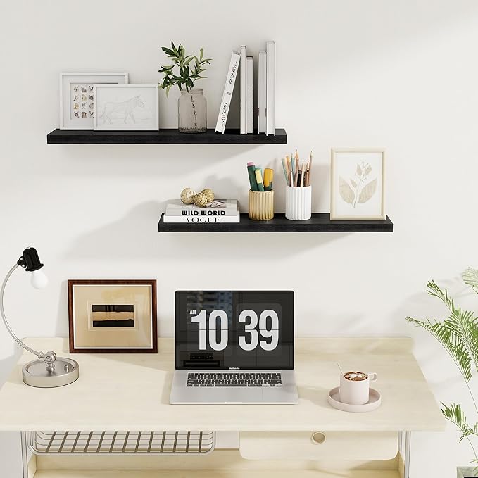 Fun Memories Floating Shelves for Wall, 30" Rustic Wood Deep Wall Mounted Shelves with Invisible Brackets for Decor & Storage, Floating Shelf for Living Room, Bathroom (Black, Set of 2)