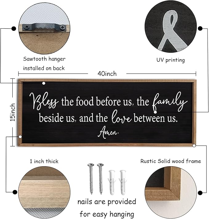 Bless the Food Before Us Sign Wall Decor 40"X15" Large Farmhouse Dining Room Wall Decor Framed Wood Rustic Home Wall Art Kitchen Decoration (Wood Black)