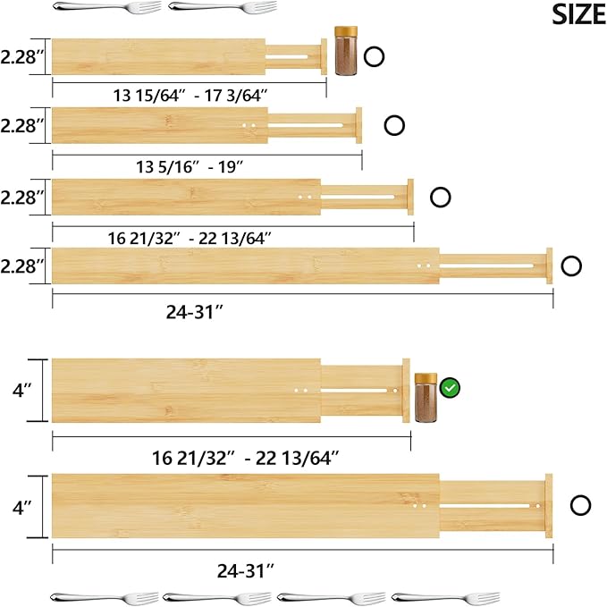 BAMEOS 4" High Drawer Dividers Bamboo Separators Organization Expandable Organizers for Kitchen Bedroom Bathroom Dresser Office 4-pack