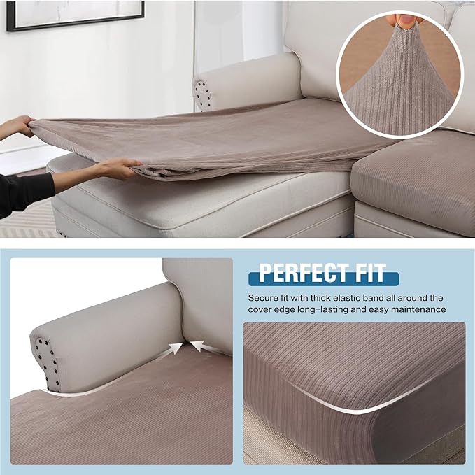H.VERSAILTEX Velvet Stretch Sectional Couch Covers 4 Pieces Sofa Seat Cushion Covers L Shape Separate Cushion Couch Cover for Both Left/Right Couch (Large Sofa 3 Seater + 1 Chaise, Taupe Striped)