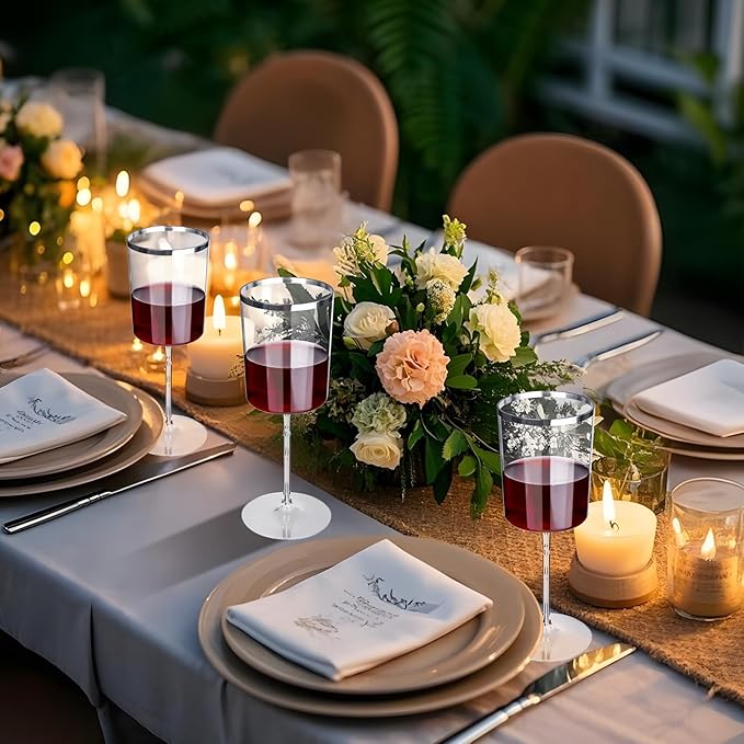 Ciaell 12 Pack Plastic Wine Glasses - 14 Oz Plastic Wine Glasses with Stem - Square Silver Disposable Stemmed Glass for Parties & Weddings & Outdoors