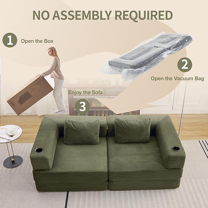 78" W Loveseat Sofa, 4 in 1 Convertible Floor Sofa Bed, Boneless Cloud Couch with Cup Holder, Fold Out Floor Couch, Loveseat Recliner Sleeper for Living Room Bedroom Lounge(Corduroy, White)