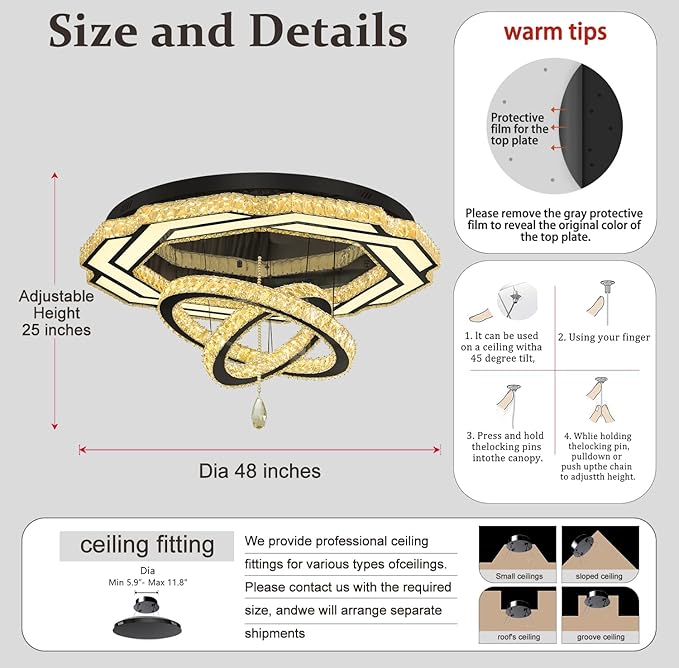 Flashing God Large Crystal Chandelier Dia 48" Black Chandelier Flush Mount Ceiling Light for Bedroom Living Room Dining Room Hallway Dimmable 3 Rings LED Celing Lighting Fixtures