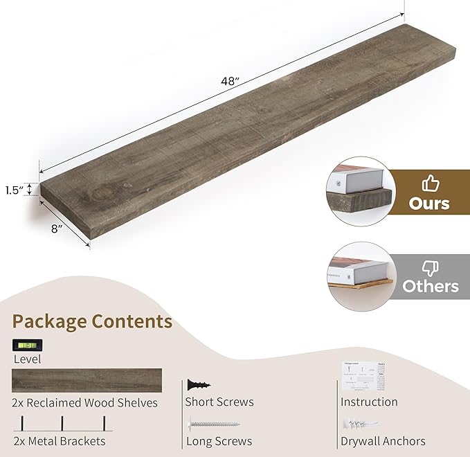 48 Inch Fireplace Mantel Shelf - 8 Inch Deep Rustic Solid Reclaimed Wood Floating Shelf, Wall Mounted Farmhouse Display Shelf with Invisible Heavy Duty Metal Bracket, Set of 2, Cement Grey