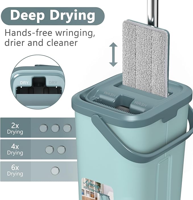 Aifacay Mop and Bucket with Wringer Set, Flat Wall Mop and Bucket Set with 4 Reusable Microfiber Pads, Hand Wash Free Floor Cleaning System Wet and Dry Use for Hardwood Tile Window Corner Baseboard