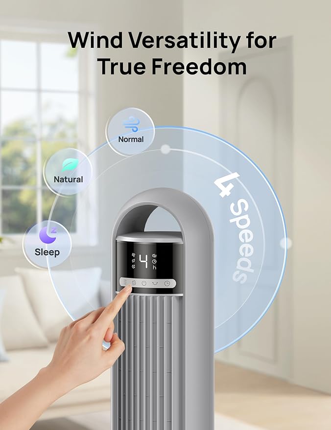 Dreo Tower Fan for Bedroom, 90° Oscillating Fan, Standing Fan with 3 Modes, 4 Speeds, 8H Timer Cooling Fans for Home, Living Room, Office, Grey, TF117