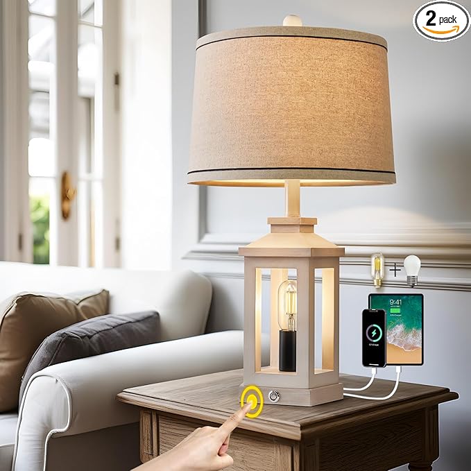 23.75" Retro Farmhouse USB C+A Ports Table Lamp with 3 Way Dimmable Touch Control White Nightlight Vintage Modern Lamp for Living Room Bedroom with 2 Light Sources