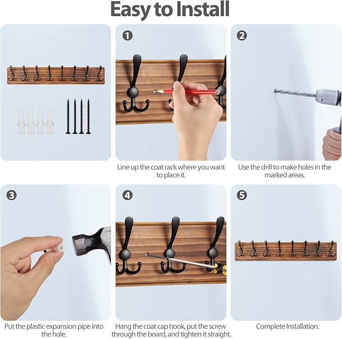 Coat Rack Wall Mount, Wooden Heavy Duty Coat Rack for Wall,8 Triple Coat Hanger Hooks for Hanging Coats,Jacket,Hat,Clothes (Brown, 8 Hooks)