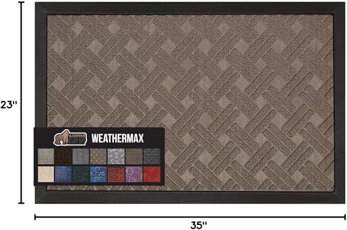 GORILLA GRIP 100% Waterproof All-Season WeatherMax Doormat 35x23, US Designed Natural Rubber, Stain and Fade Resistant, Low Profile Indoor Outdoor Door Mats, Easy Clean Patio Mat, Taupe Basket Weave