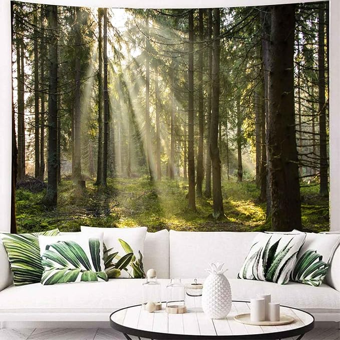 Onivein Forest Tapestry Nature Sunlight Streaming Through Green Trees Wall Hanging for Bedroom Living Room Office Decor 80 x 60 Inches