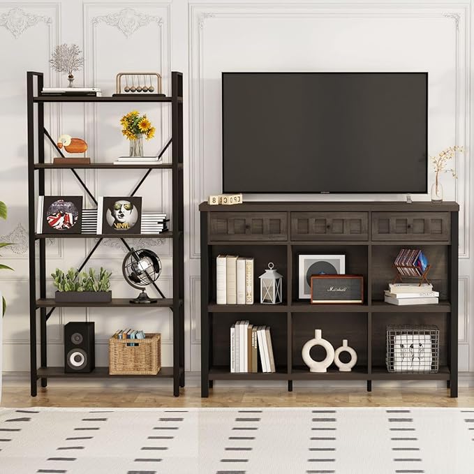 FATORRI Rustic 6 Cube Storage Organizer Bookshelf with 3 Drawers, Short Low Horizontal Bookshelf for Living Room, Industrial Wood and Metal Cubby Bookcase for Home Office (Walnut Brown, 47 Inch)